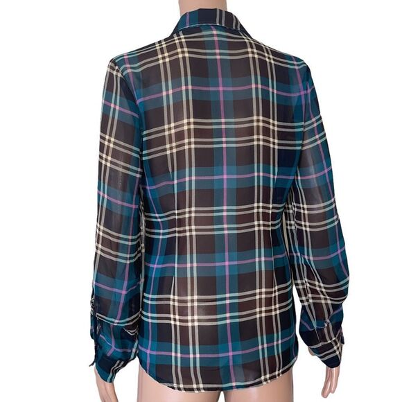 ModCloth blue, black and white plaid button up semi sheer collared blouse/top - Picture 3 of 8